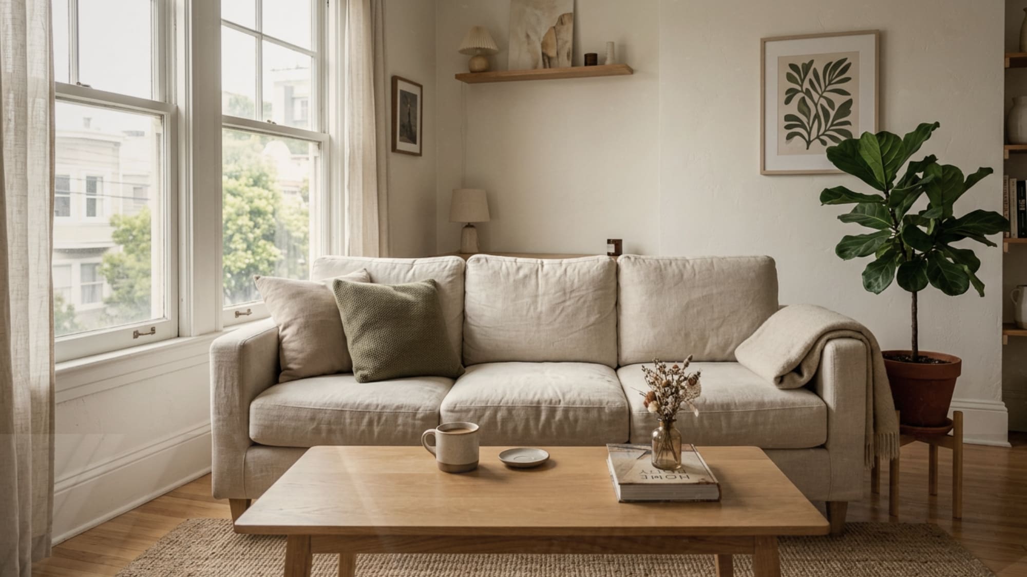 Cream linen sofa in a small apartment living room blending with warm white walls to reflect light and open up the space