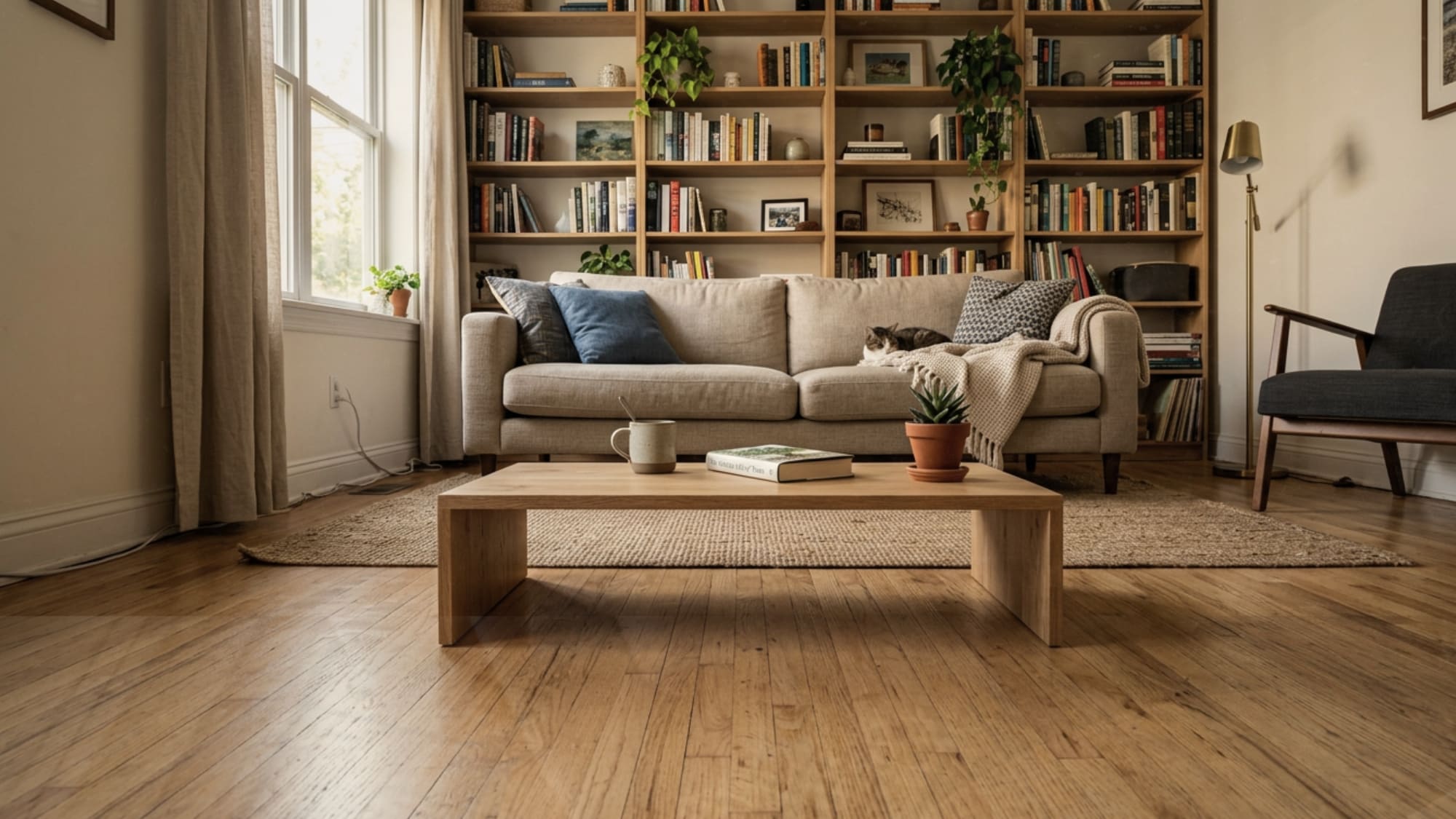 Low oak coffee table in a small living room keeping sightlines open and making the space feel more expansive