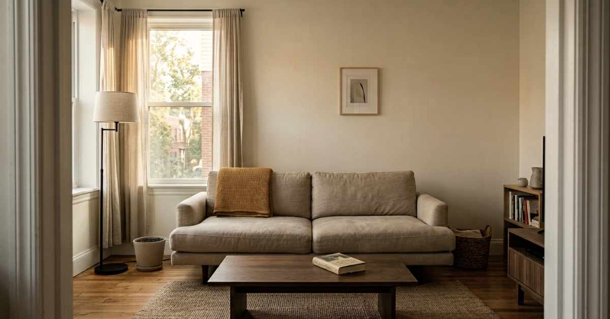Small apartment living room with low-profile furniture and sofa floated away from the wall, clear open floor in front of the window to maximise available light