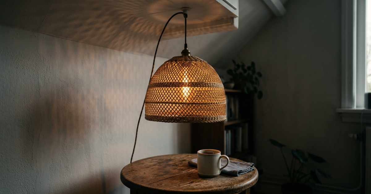 Rattan pendant lamp glowing warm amber and casting a dappled woven shadow pattern onto the wall and ceiling of a dim apartment corner