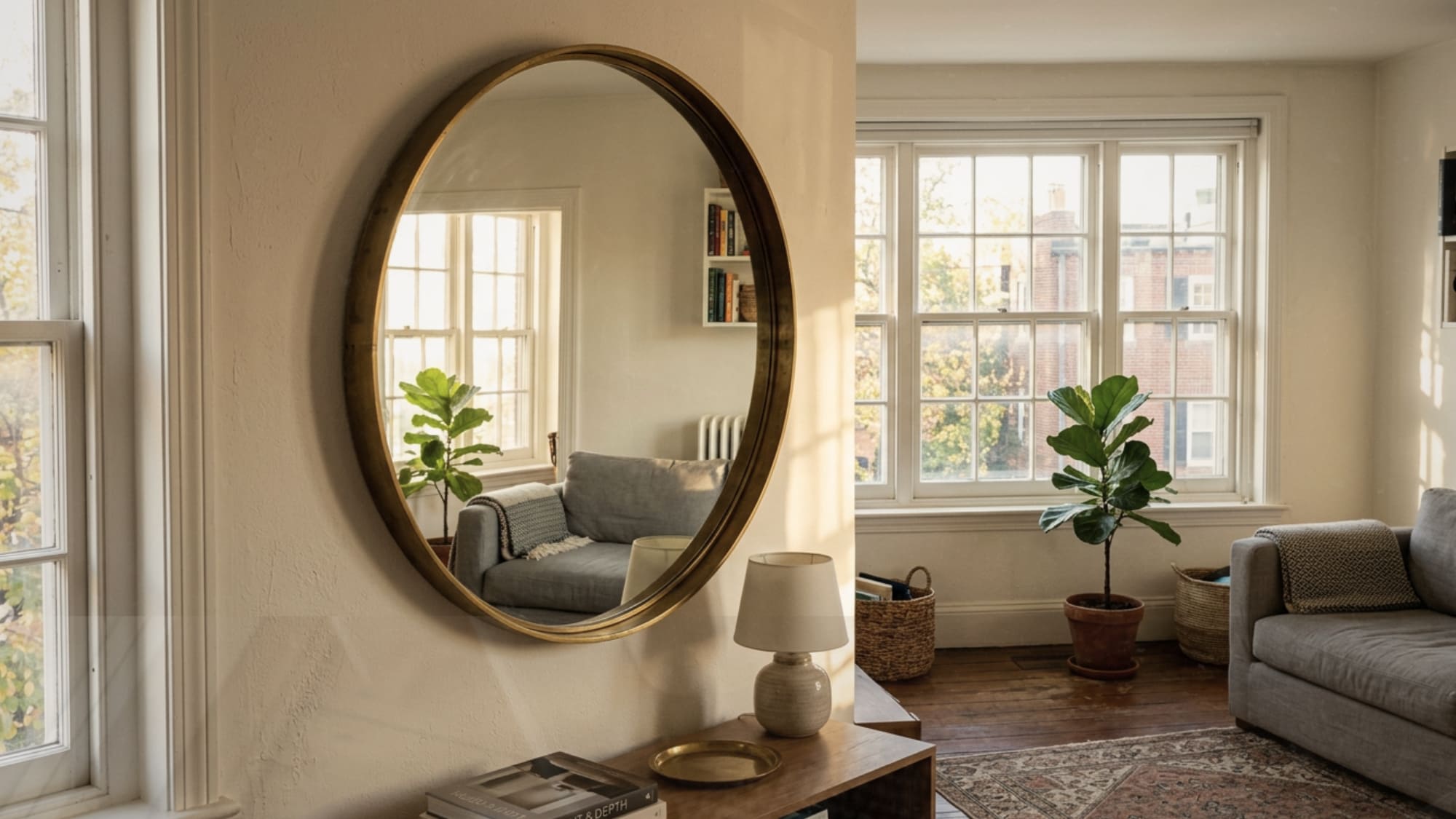 Large round brass mirror mounted opposite a window in a small living room doubling the natural light and creating depth