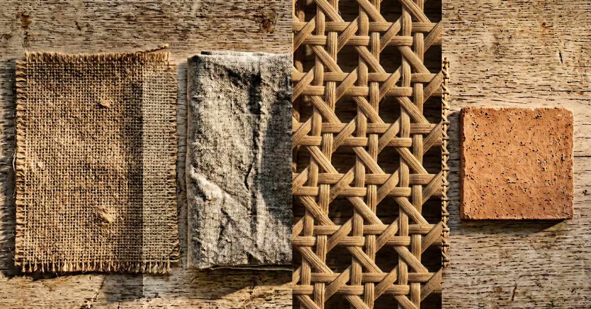 Four natural textures side by side — jute, linen, rattan weave and unglazed terracotta tile — with raking warm light revealing micro-shadows across each surface