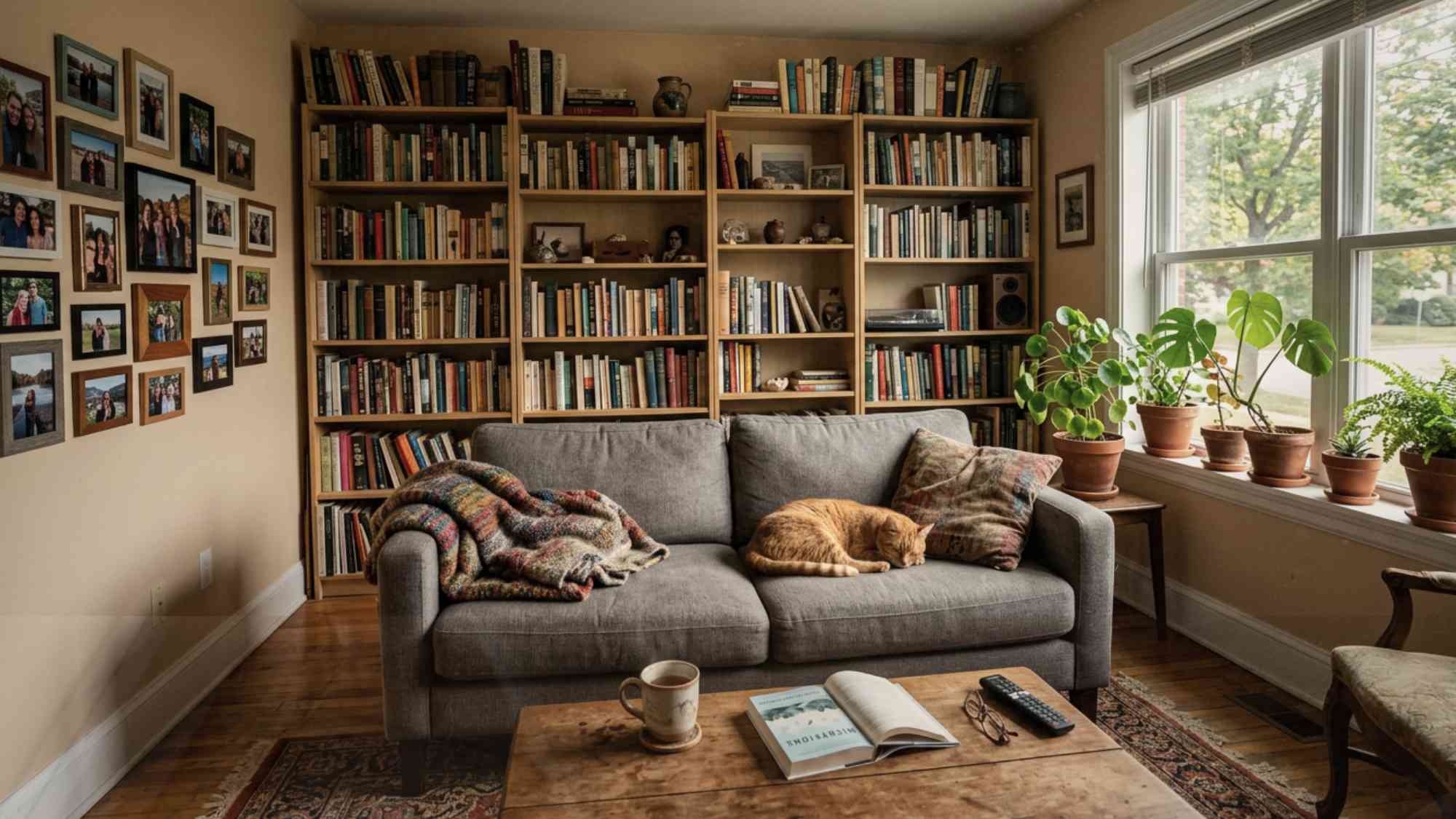 Lived-in personalized small apartment living room with real books, personal photos, a cat on the sofa, and a mug on the coffee table
