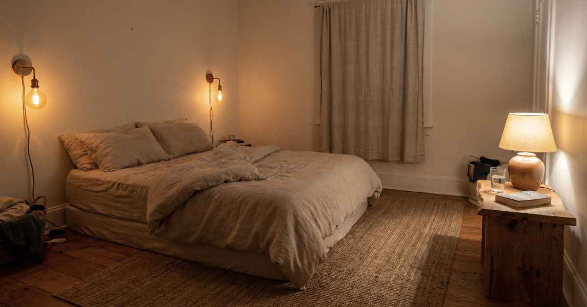 Small dark apartment feel bigger and brighter in the bedroom with plug-in wall sconces on either side of a low platform bed, oatmeal linen bedding and a jute rug