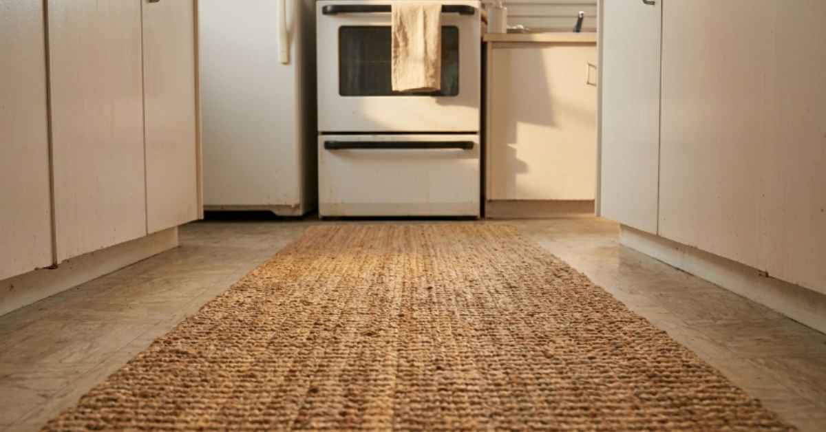 Flat-weave jute runner in warm sand laid down the centre of a narrow rental kitchen galley, natural fibre texture contrasting with the original pale vinyl floor on either side