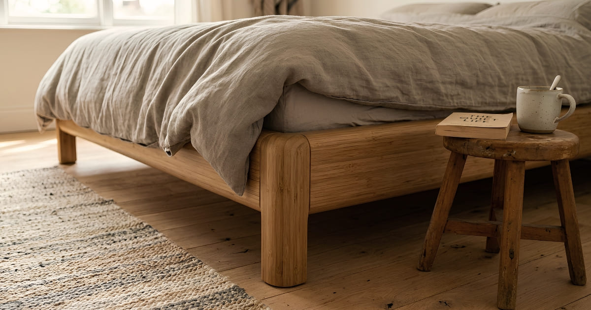 Renter-friendly Japandi bedroom detail showing low bamboo bed frame corner with stonewashed linen and wooden stool bedside table