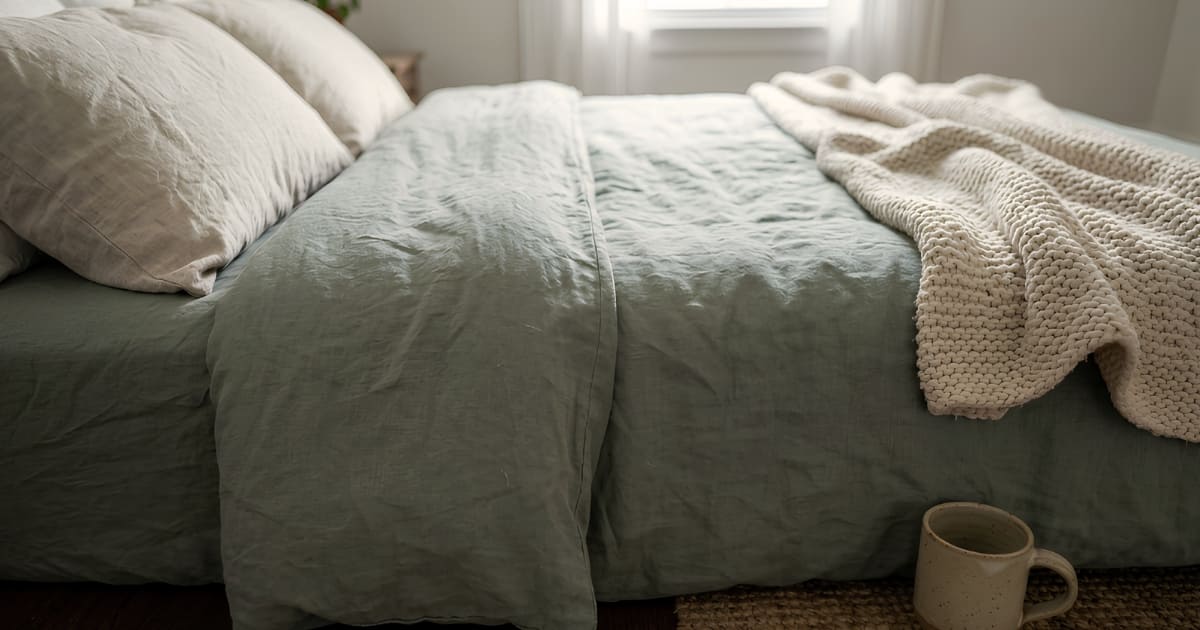 Renter-friendly Japandi bedroom bed styled with dusty sage linen duvet, undyed pillow, cream knit throw, and handmade ceramic mug on the floor