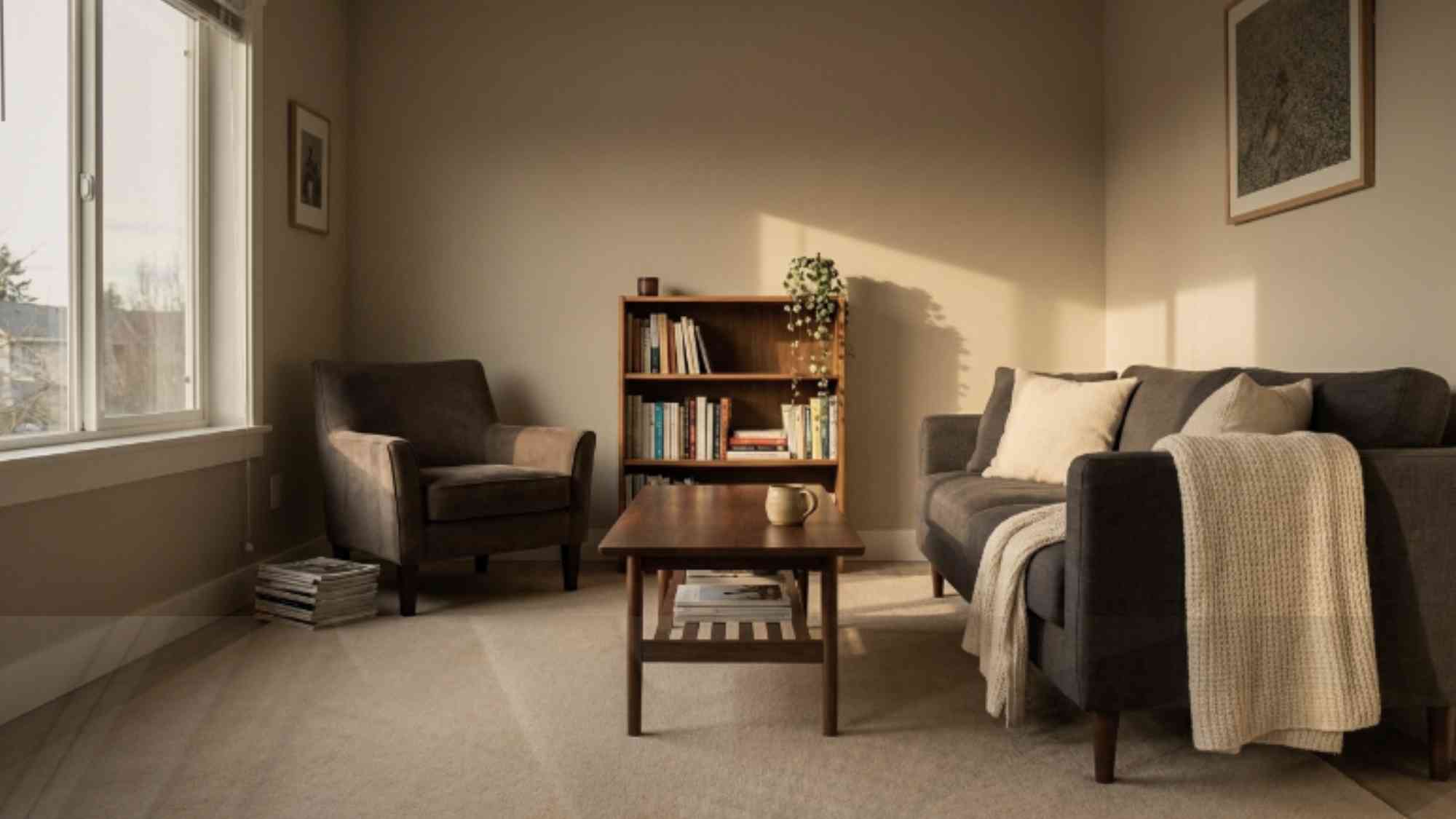 Area rug in the same warm greige tone as the walls in a small apartment creating seamless visual flow from floor to wall