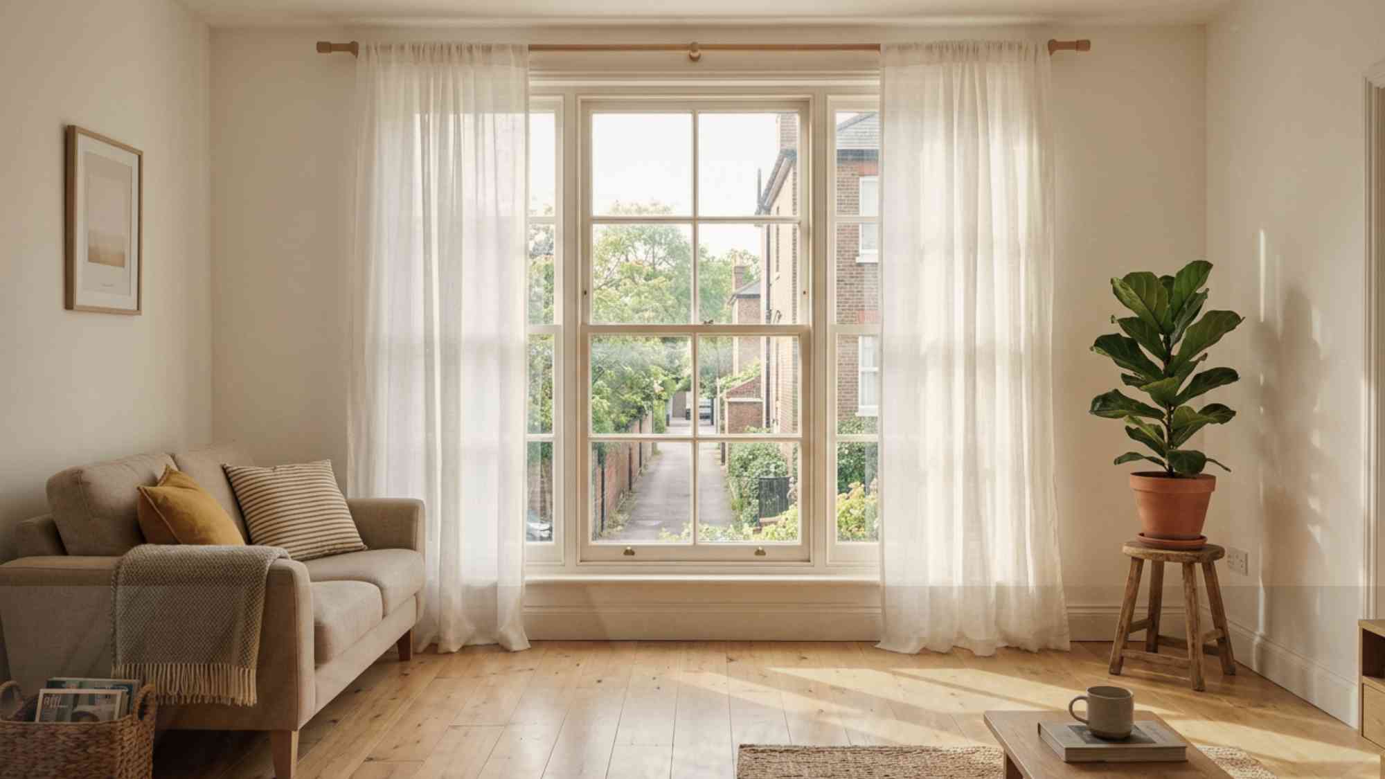 Sheer white curtains on a small apartment window letting full morning light flood the room to make it feel bigger