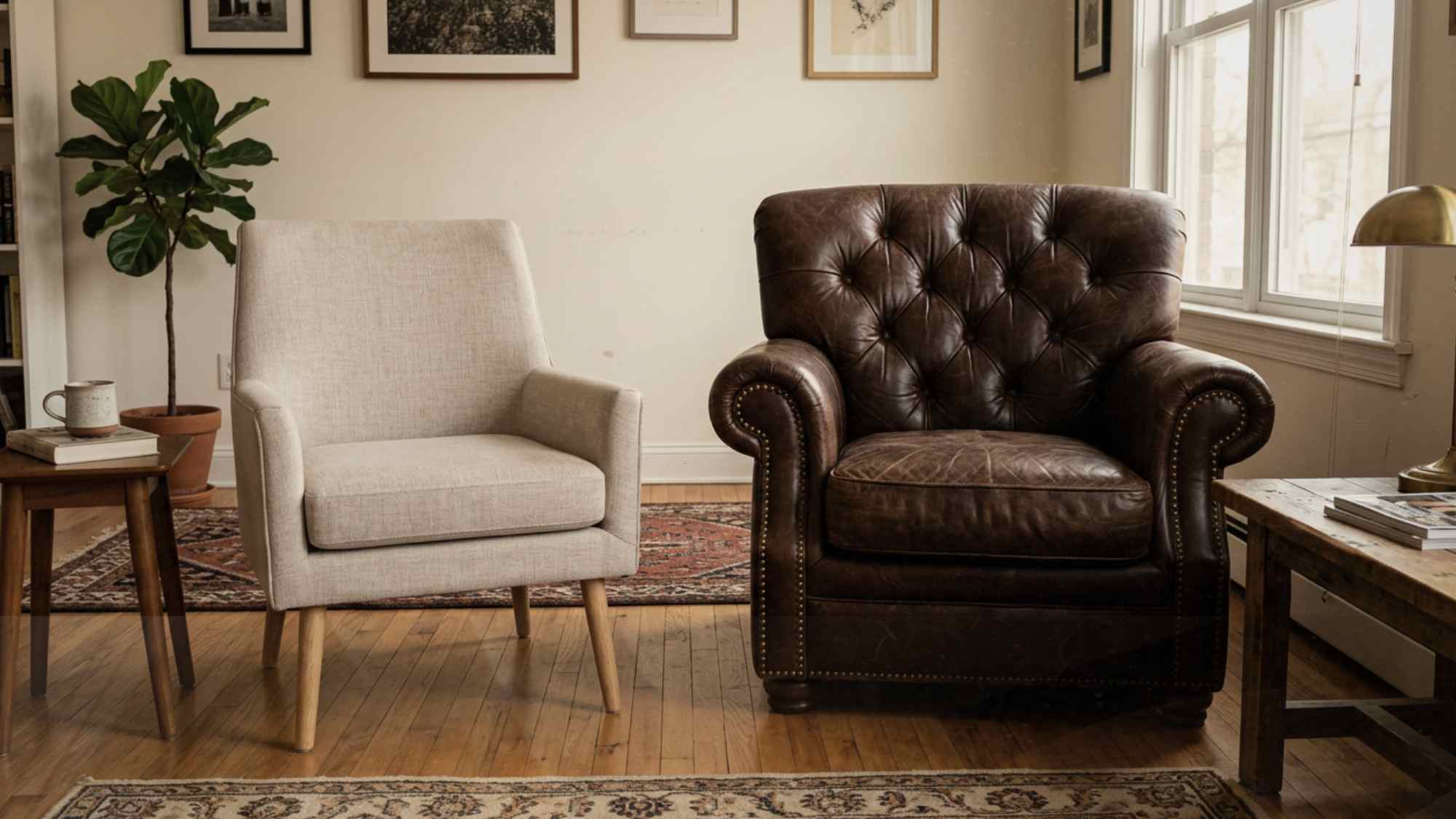 Slim profile armchair in a small living room showing how less visual bulk leaves more open floor space
