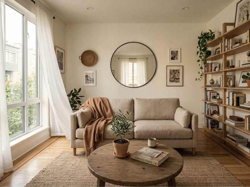 Small apartment living room ideas featuring a bright neutral space with floor-to-ceiling shelving, a round mirror, and a cream linen sofa