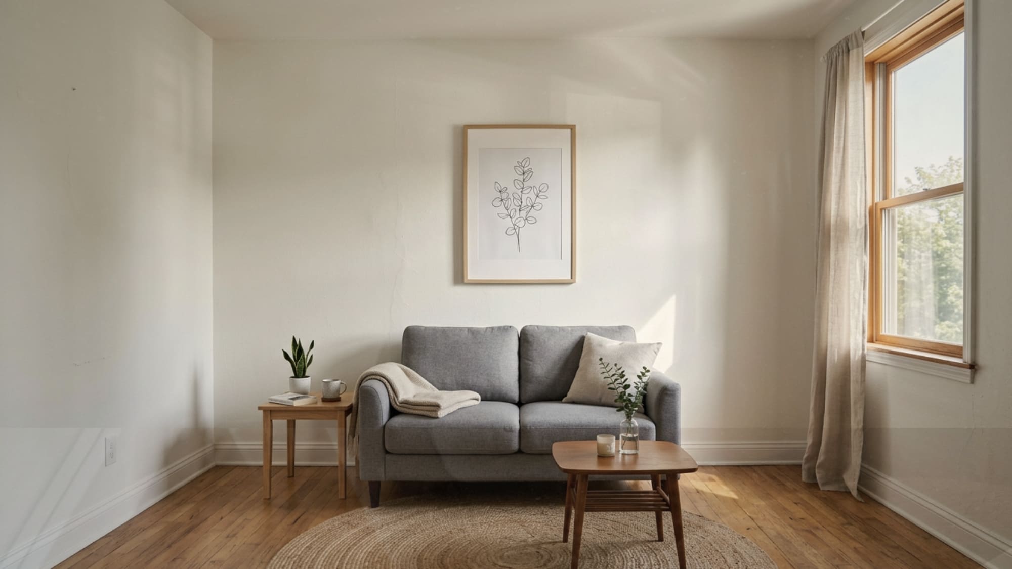 Small apartment living room ideas using light neutral white paint to make walls feel further apart and the room feel more open