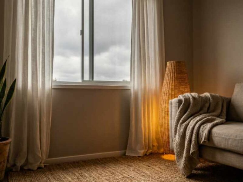 Small dark apartment feel bigger and brighter with a glowing rattan floor lamp, oatmeal linen sofa, jute rug and snake plant in a north-facing rental room