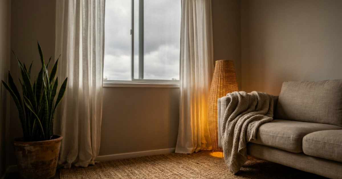 Small dark apartment feel bigger and brighter with a glowing rattan floor lamp, oatmeal linen sofa, jute rug and snake plant in a north-facing rental room