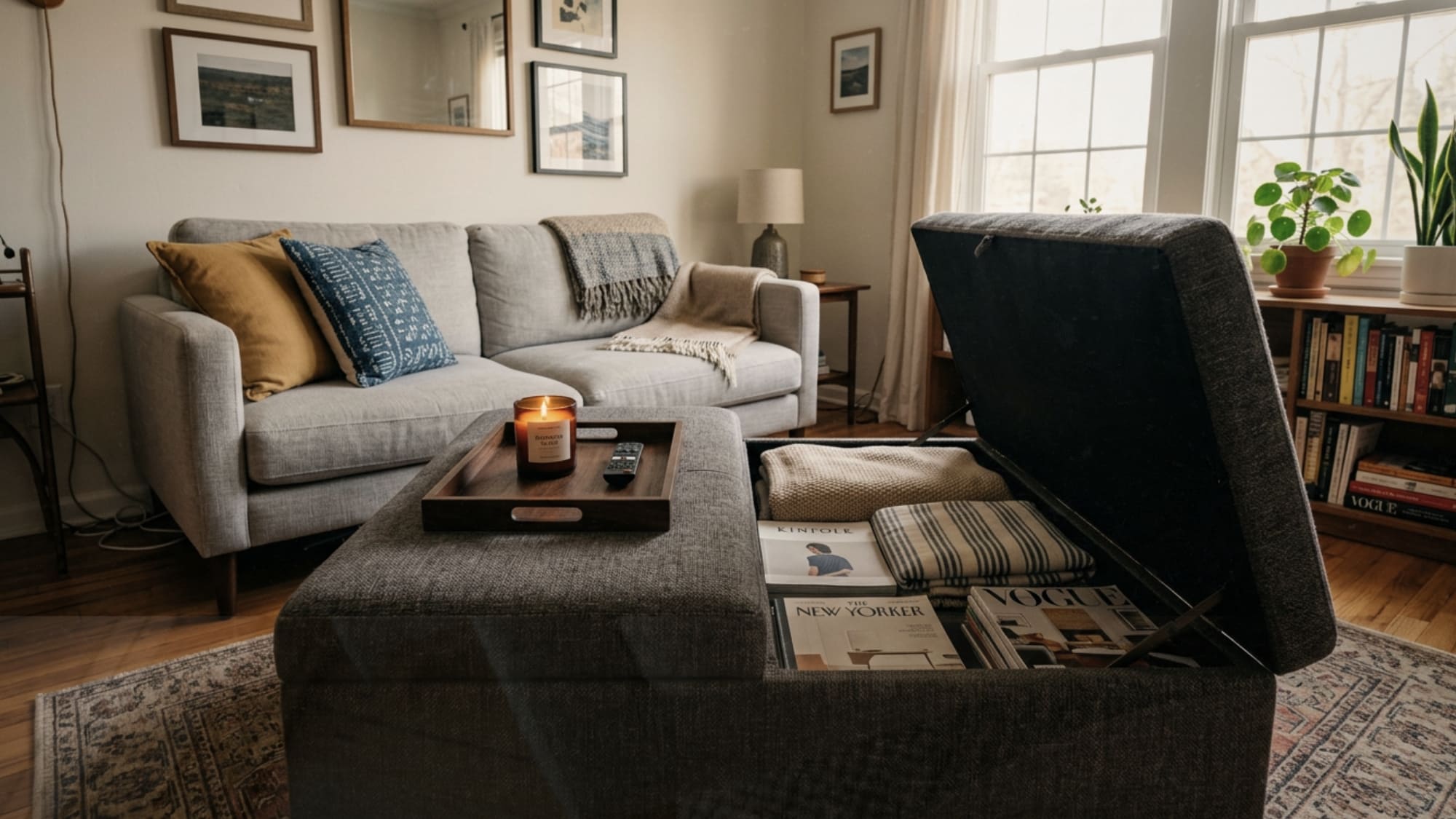 Upholstered storage ottoman with open lid in a small living room showing folded blankets stored inside