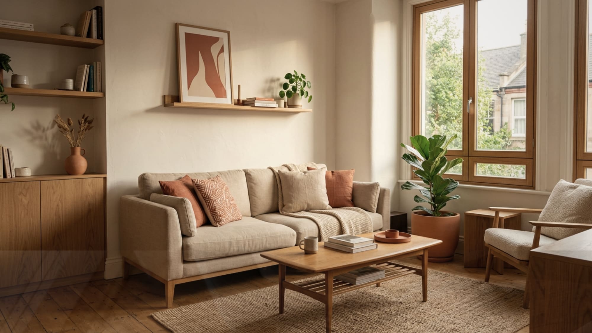 Small apartment living room styled in a three-color palette of warm white, terracotta, and natural wood tones