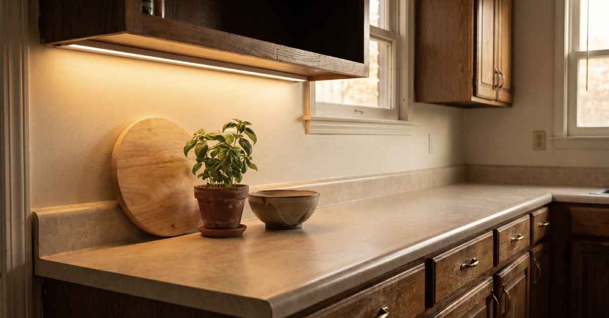 Small rental kitchen with warm LED strip lighting under a shelf illuminating a clear counter holding a light wood chopping board, terracotta herb pot and ceramic bowl