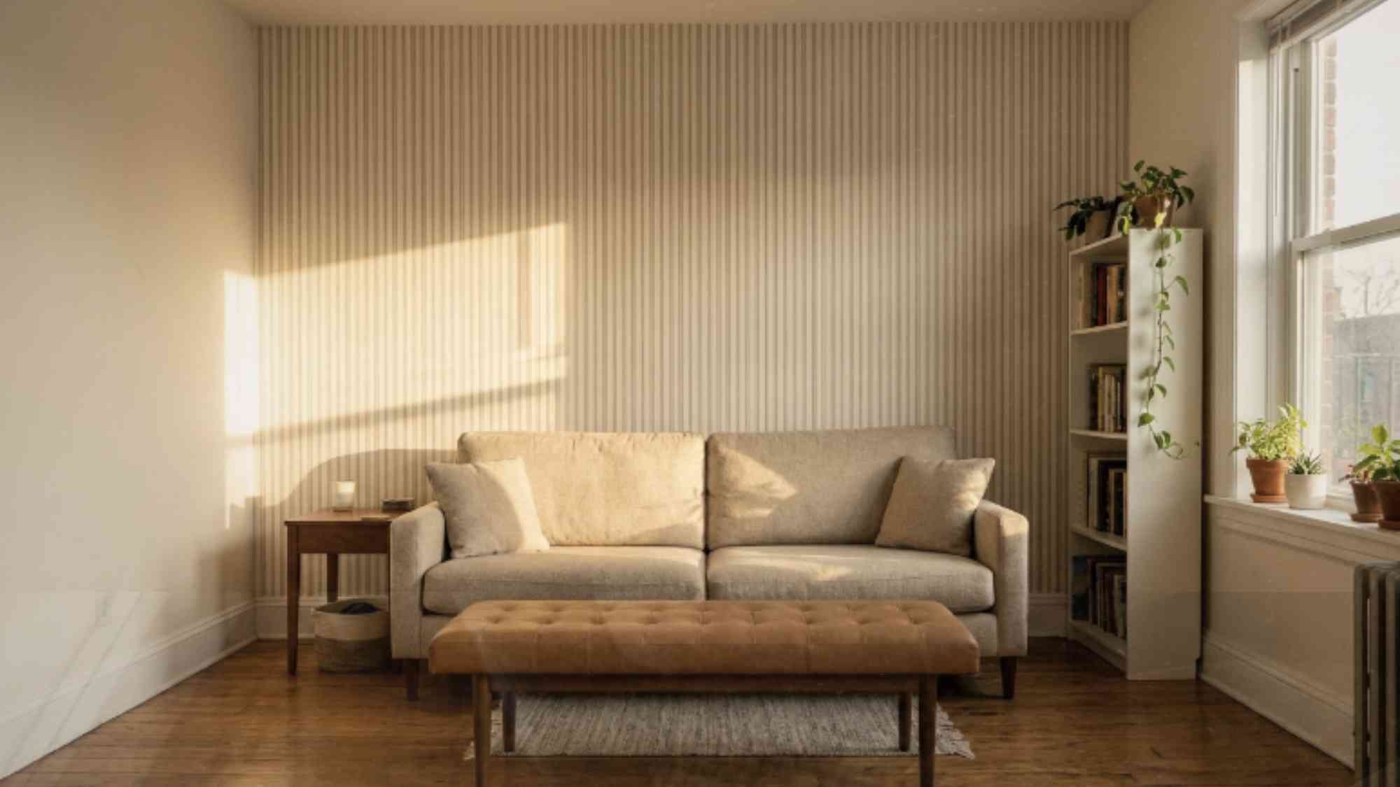 Single vertical stripe accent wall in a small living room making the ceiling appear higher and the room feel taller