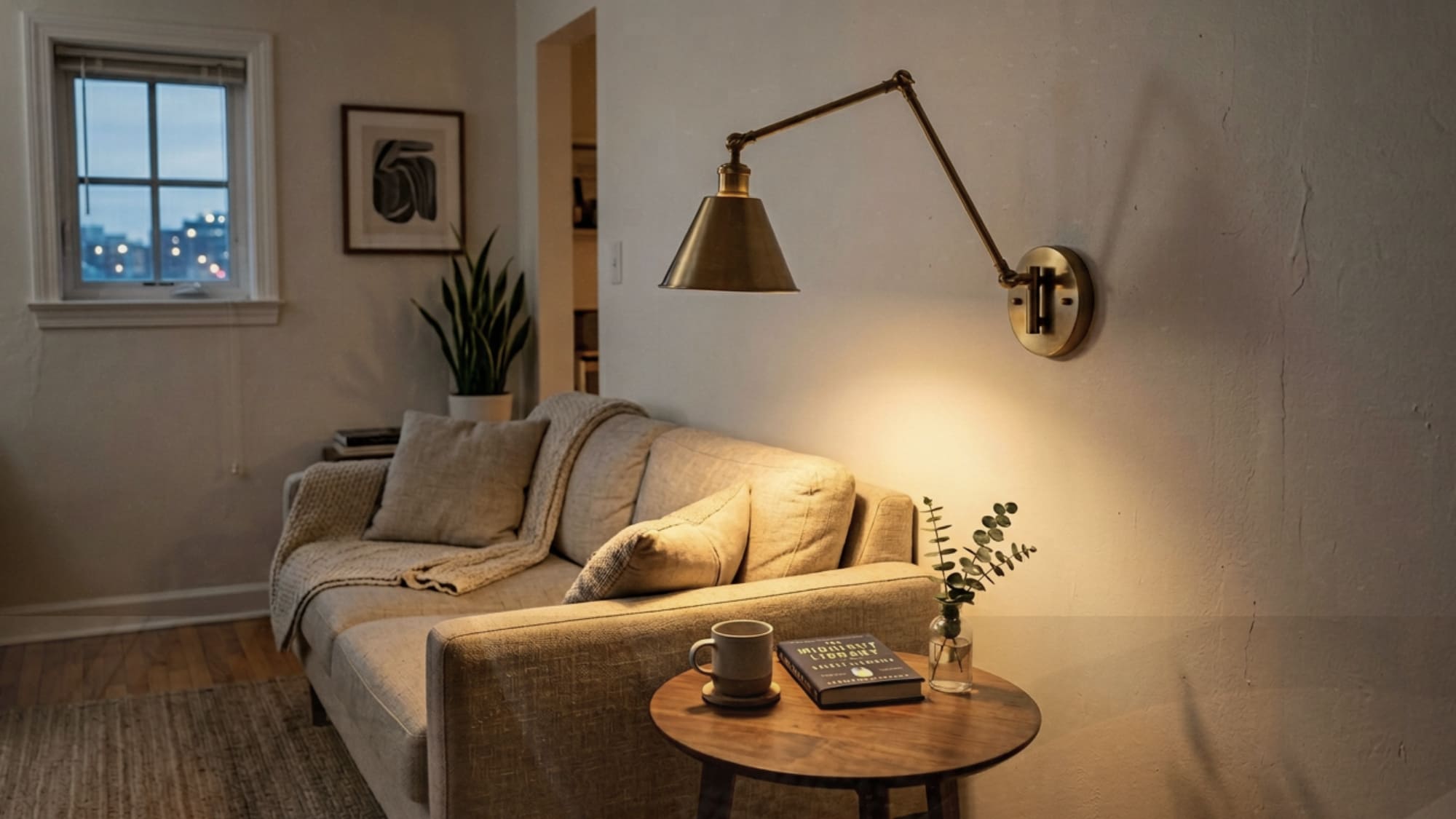 Brass swing-arm wall sconce beside a sofa in a small apartment keeping the floor clear of lamp bases and cords