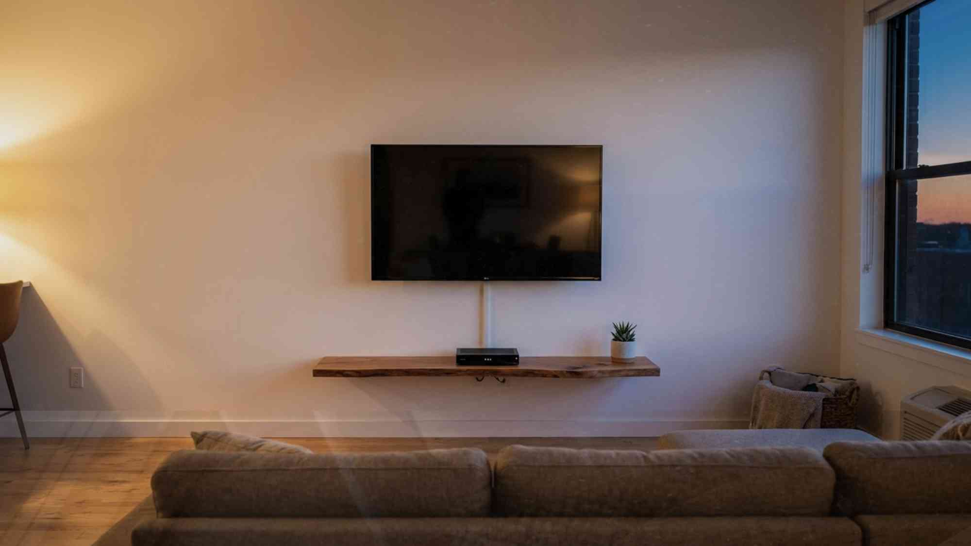 Flat screen TV wall-mounted in a small apartment living room with a floating shelf below and clear floor space underneath