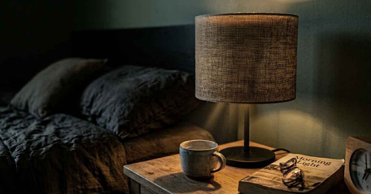 Warm amber bulb inside a linen drum shade casting a golden pool of light on a pale oak nightstand in a dim rental bedroom
